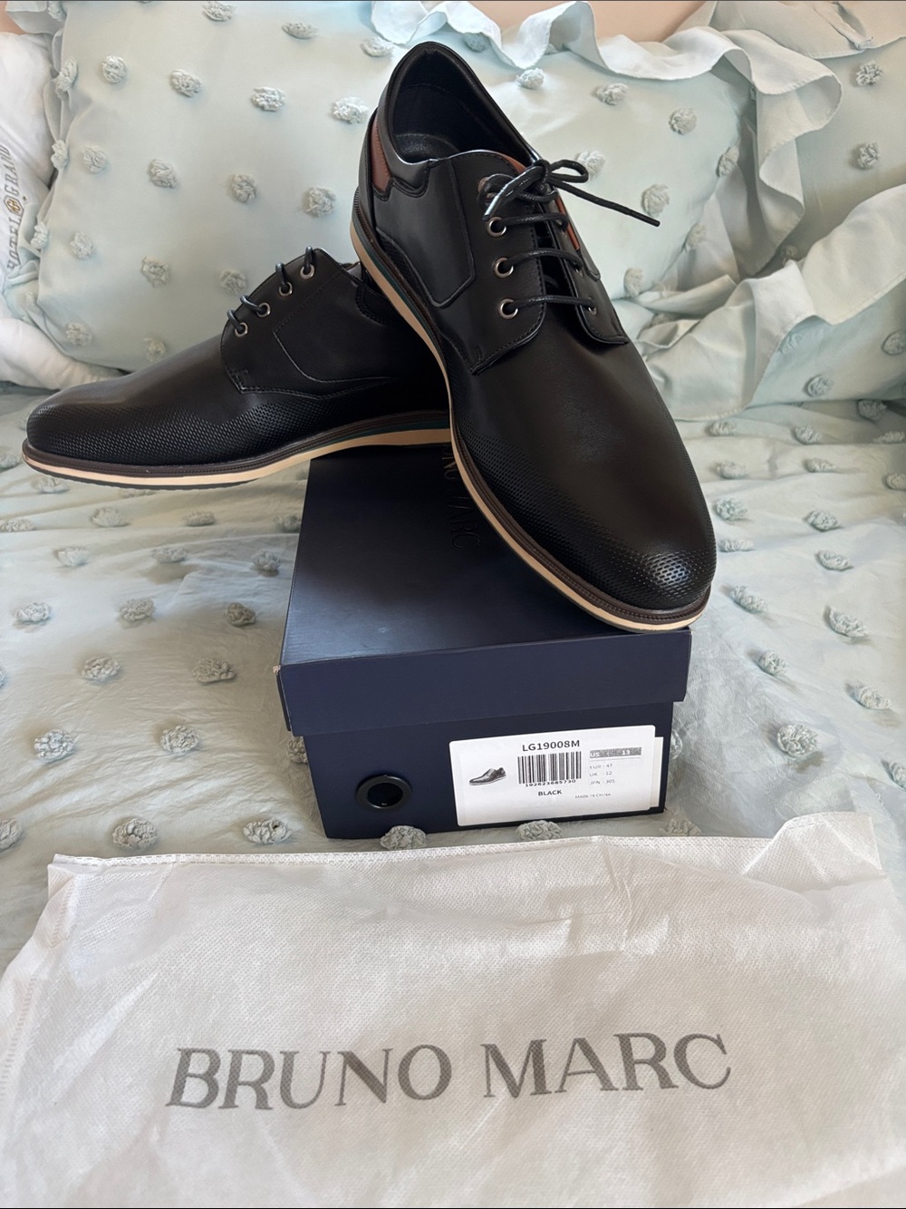 Bruno Marc Black Lace-Up Derby Shoes with Tan Trim
